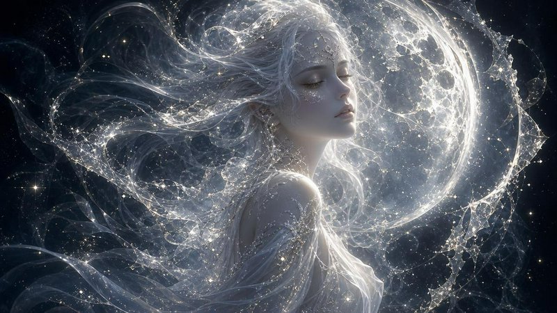 Ethereal moon goddess with stardust flowing silver hair, closed peaceful eyes, beside a glowing c...