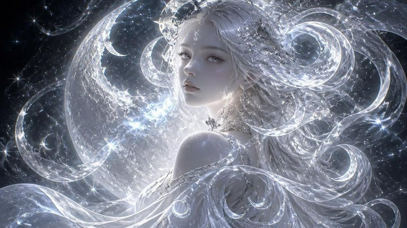[Ethereal pale silver moon goddess wreathed in glowing crystal crescent swirls against a dark starry cosmic background]