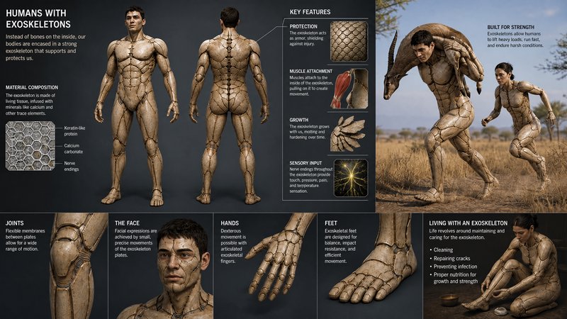 [Educational speculative evolution infographic explaining hypothetical humans with natural biological exoskeletons, includ...