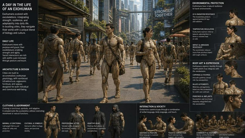 Futuristic sci-fi infographic detailing daily life, biology and culture of exohumans with biologi...