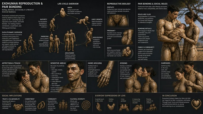 Infographic detailing fictional exohuman species biology, life cycle, pair bonding, and social af...