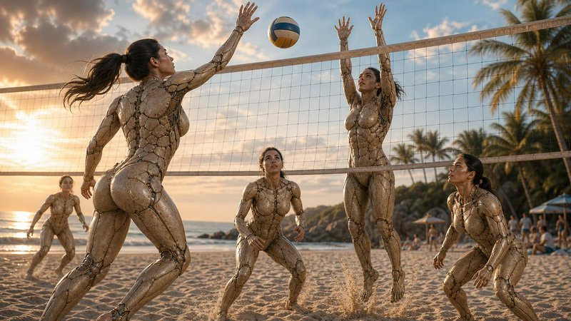 Glossy bronze humanoid female robots play beach volleyball on a tropical sandy shore at golden su...