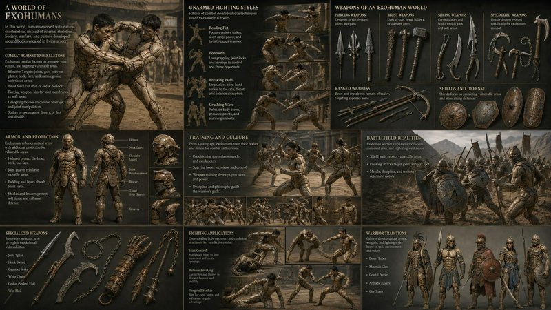 Annotated fantasy concept infographic exploring exohuman warrior worldbuilding, showing combat, a...