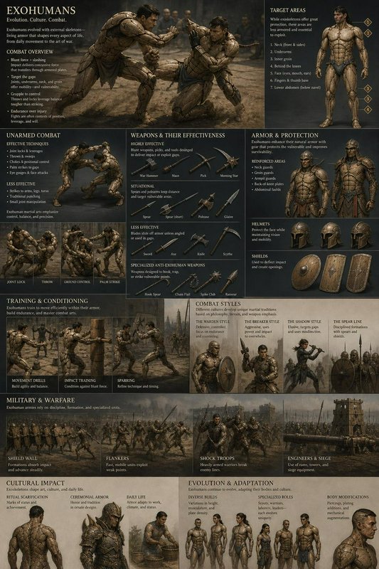 Fantasy worldbuilding infographic detailing the Exohuman fictional species, including combat, arm...