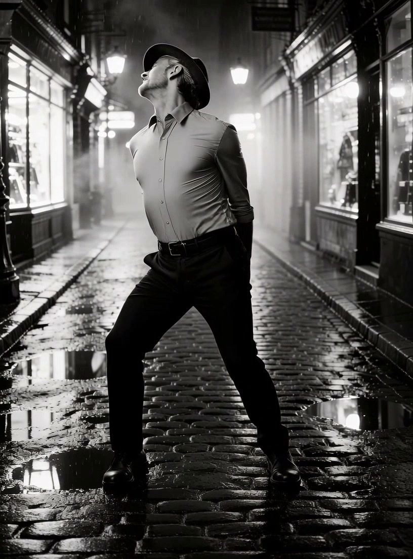 Stylish man in a hat and button-down shirt strikes a dramatic pose on a rainy cobblestone street ...