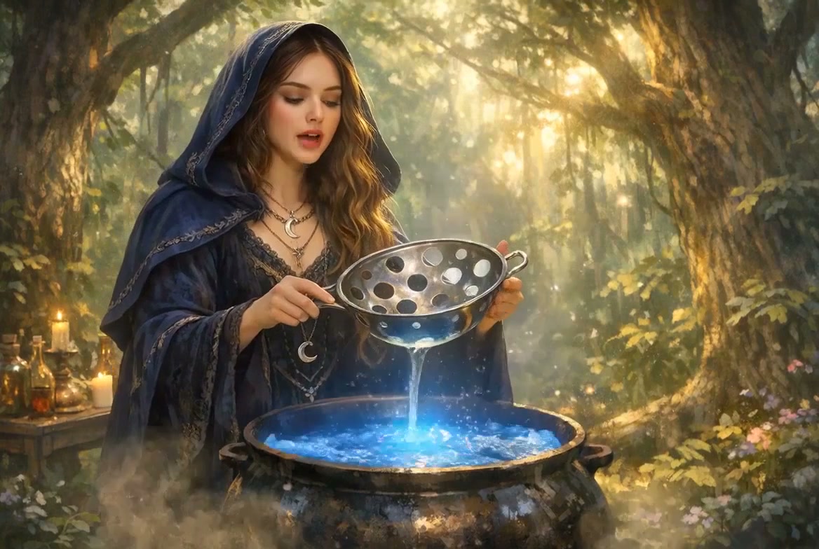 A sorceress in a blue hooded cloak pours liquid into a glowing cauldron in a forest