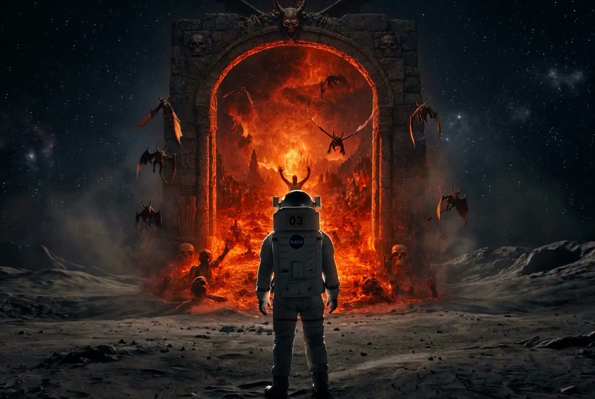 Astronaut in a NASA suit faces a fiery hellish portal with demons and lava on a lunar landscape.