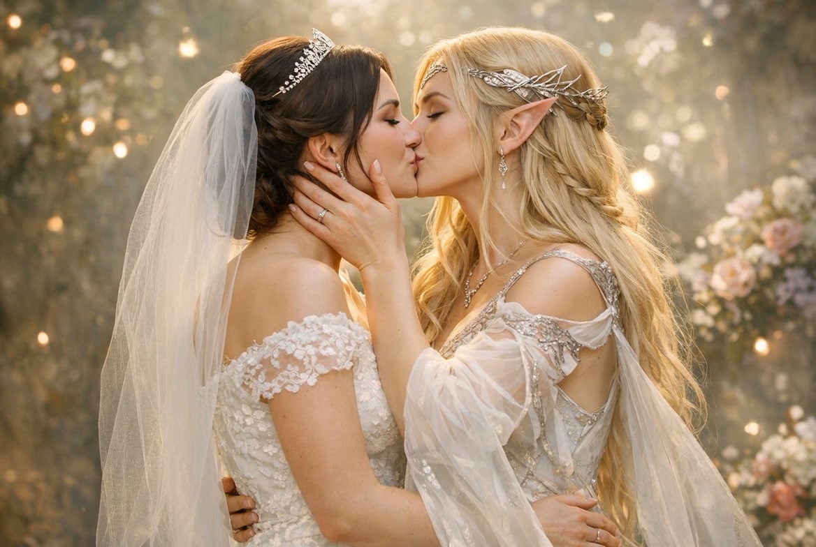 Two brides in wedding gowns kissing in a sunlit garden.