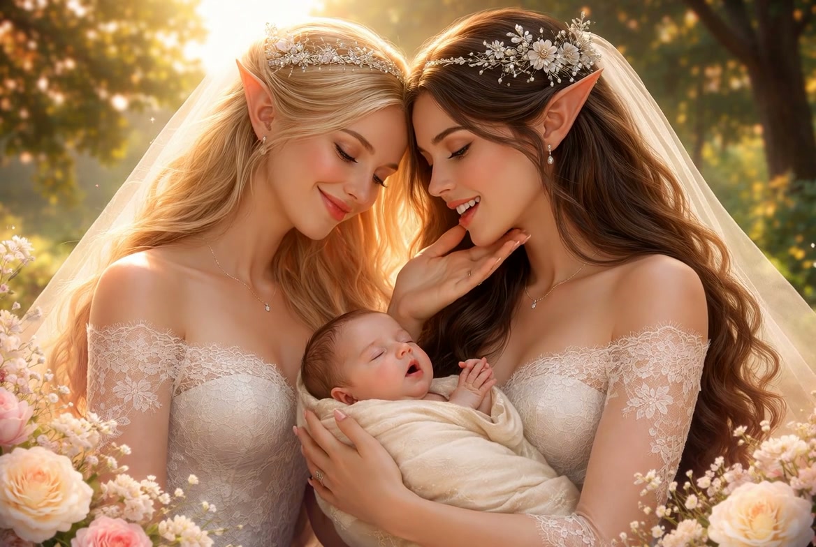 Two brides in lace wedding gowns with elf-like ears cradle a newborn baby in a sunlit garden.