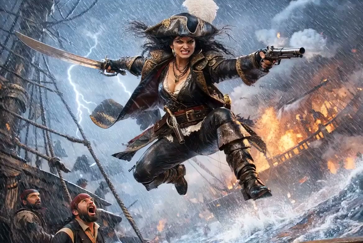 Female pirate leaps between ships in a storm, sword and pistol drawn amid rain, lightning, and fire.