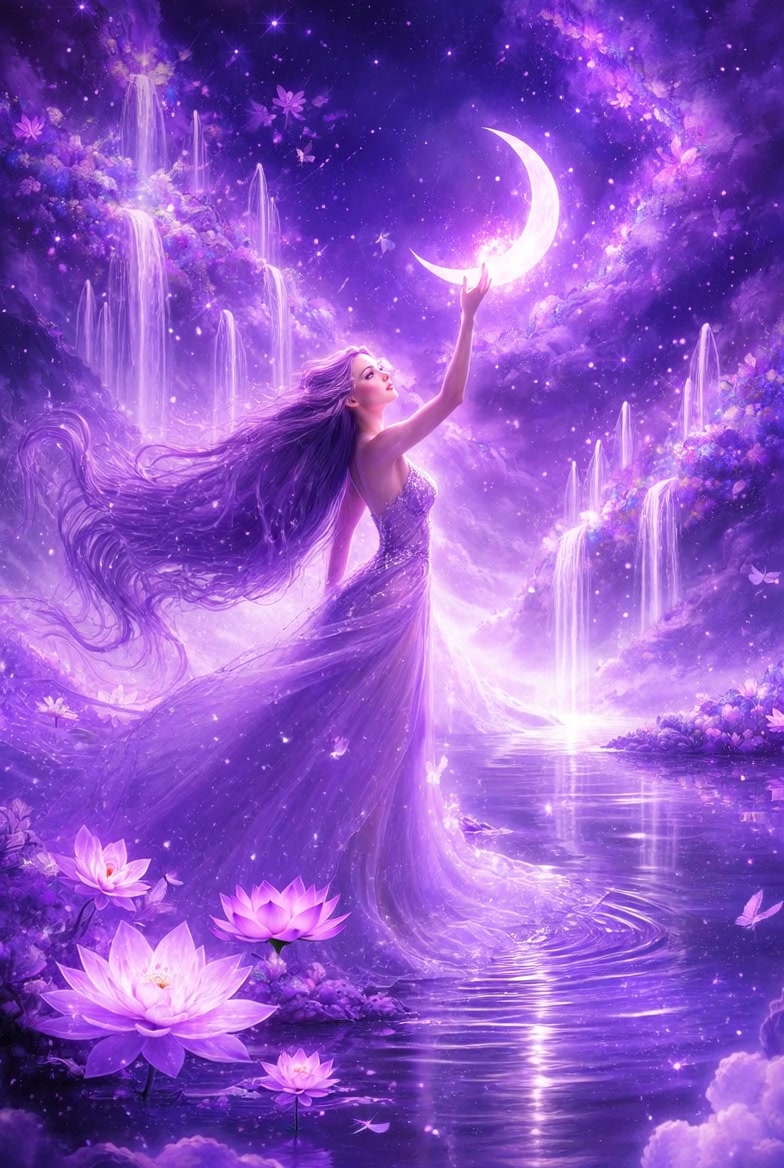 Fantasy queen in a lavender gown reaching for a crescent moon amid a purple waterfall scene.