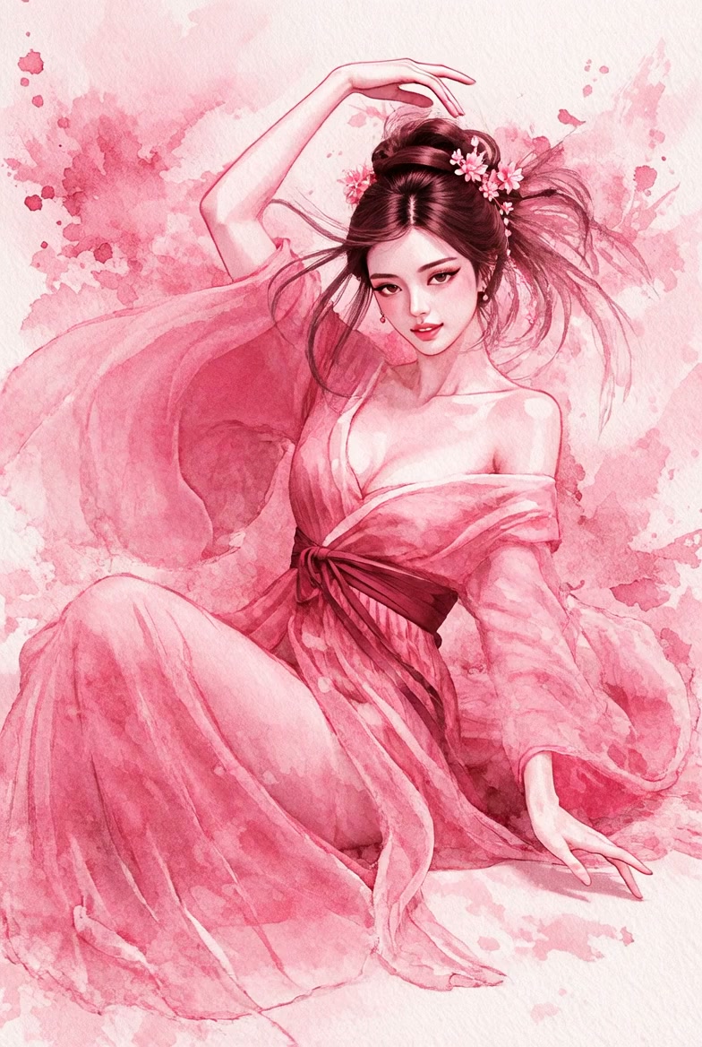 Pink watercolor illustration of a graceful Asian woman in a flowing dress with floral hair access...