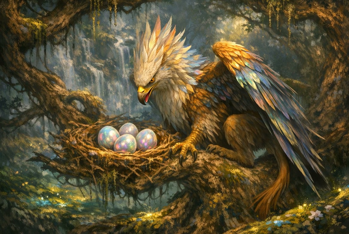 Fantasy phoenix perched on a mossy branch with iridescent eggs in a nest.