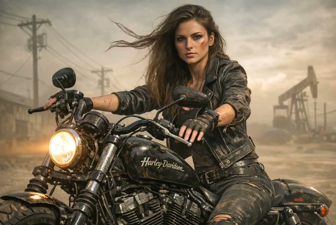 Woman on a black Harley‑Davidson motorcycle in a dusty post‑apocalyptic setting.
