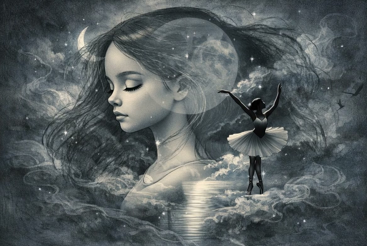 Surreal grayscale art of a giant woman's face with a moon and a dancing ballerina in misty clouds.