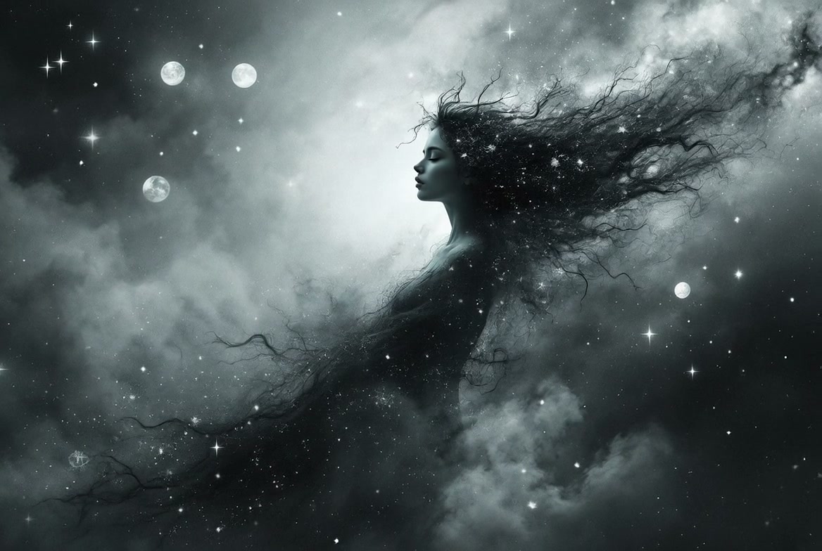 Monochrome surreal art of a woman with flowing starry hair drifting through space.