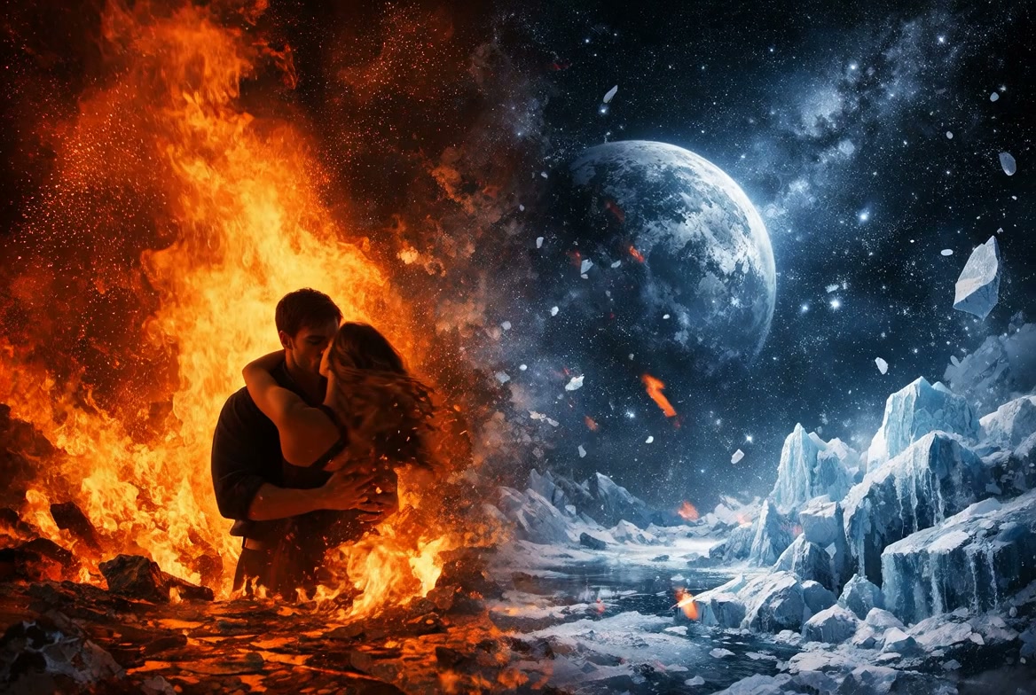 Couple embracing amid fiery lava on the left and an icy space landscape with a distant planet on ...