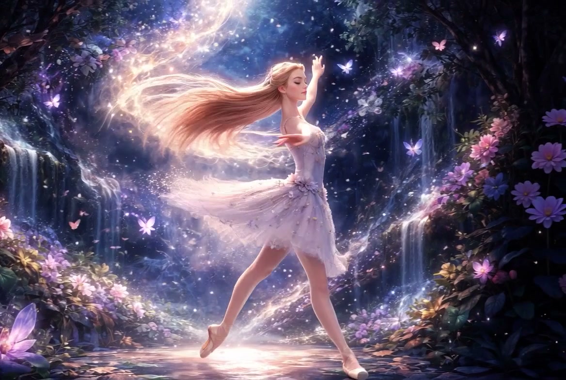 Ethereal ballerina dancing in a magical forest with glowing lights and butterflies.