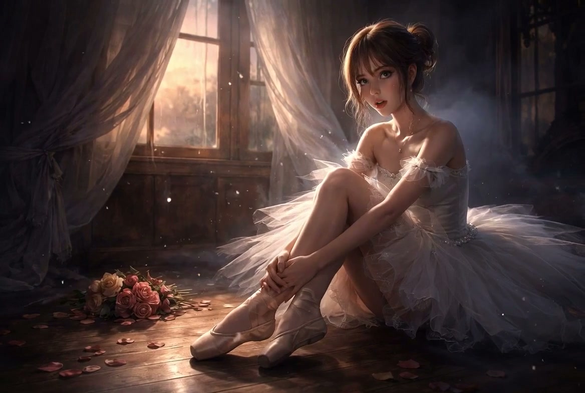 Young ballerina in a white tutu sits on a wooden floor by a sunlit window, soft glow and rose pet...