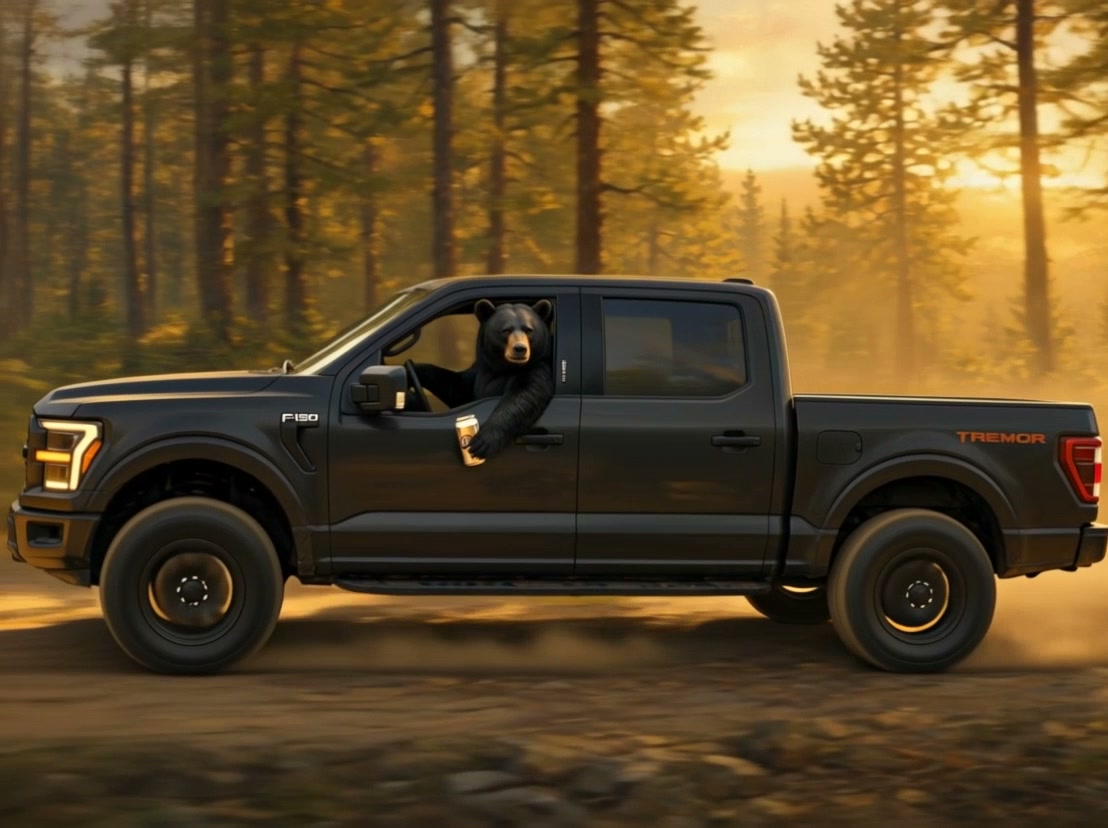 A black bear driving a dark Ford F-150 Tremor pickup through a forest at sunset, holding a coffee...