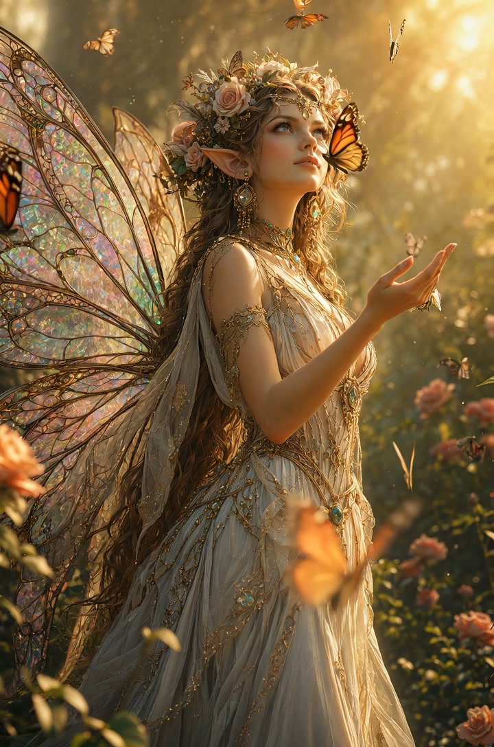 Ethereal fairy with iridescent wings in a sunlit garden wearing a flower crown.
