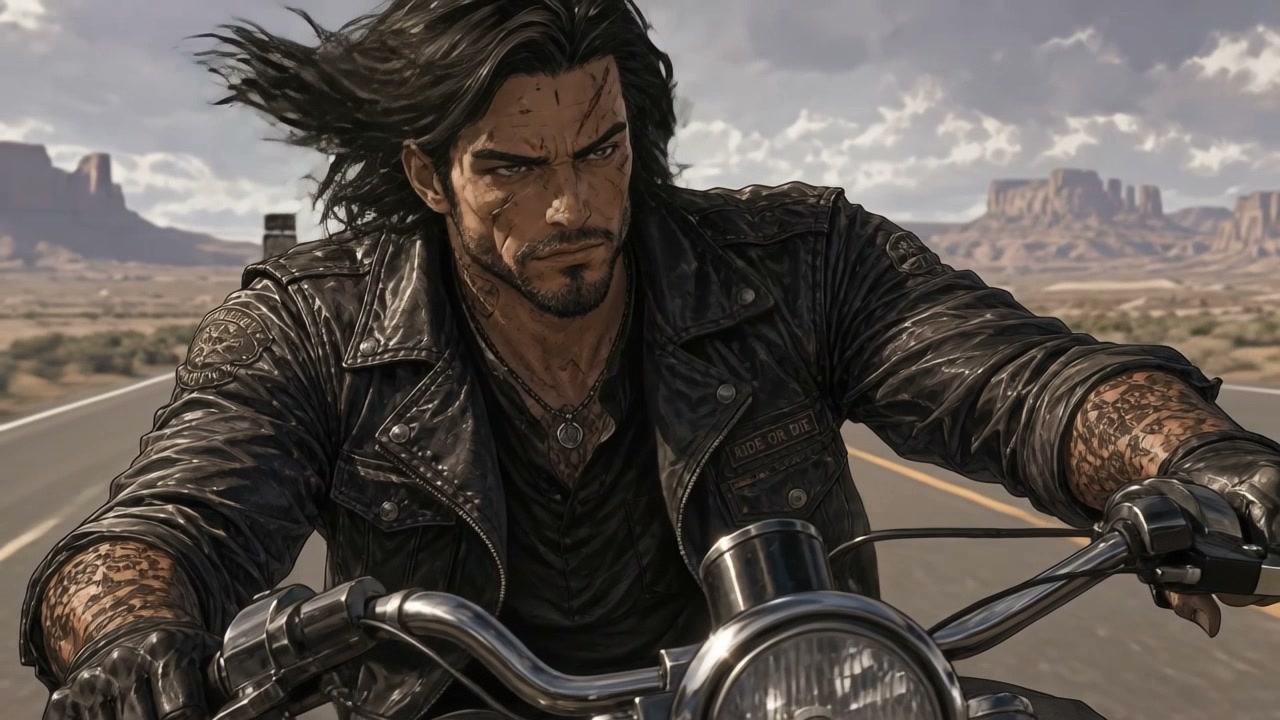 Rugged biker with long hair and tattoos rides a motorcycle on a desert highway.