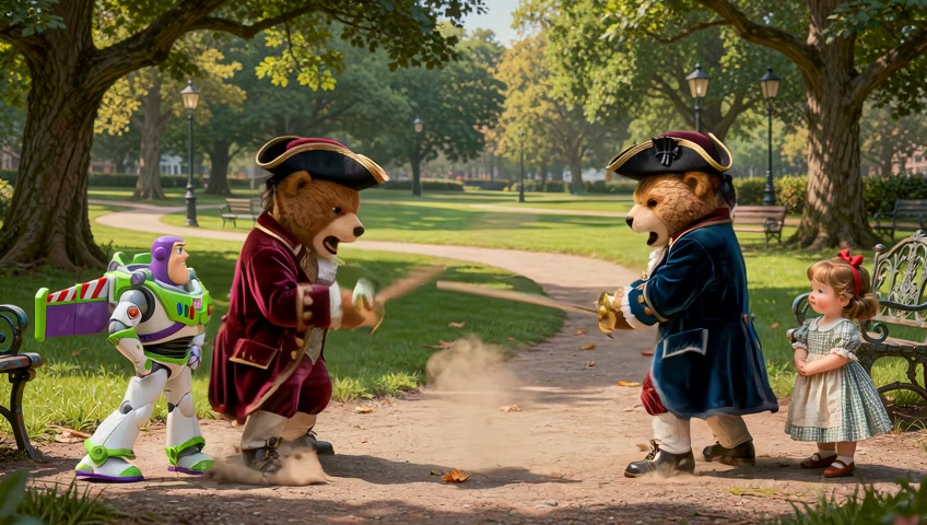 Two bear mascots in pirate outfits clash in a sunny park, with a little girl watching nearby and ...
