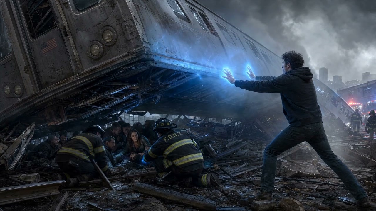 Man in dark clothing unleashes blue energy toward a derailed subway car amid rubble and firefight...