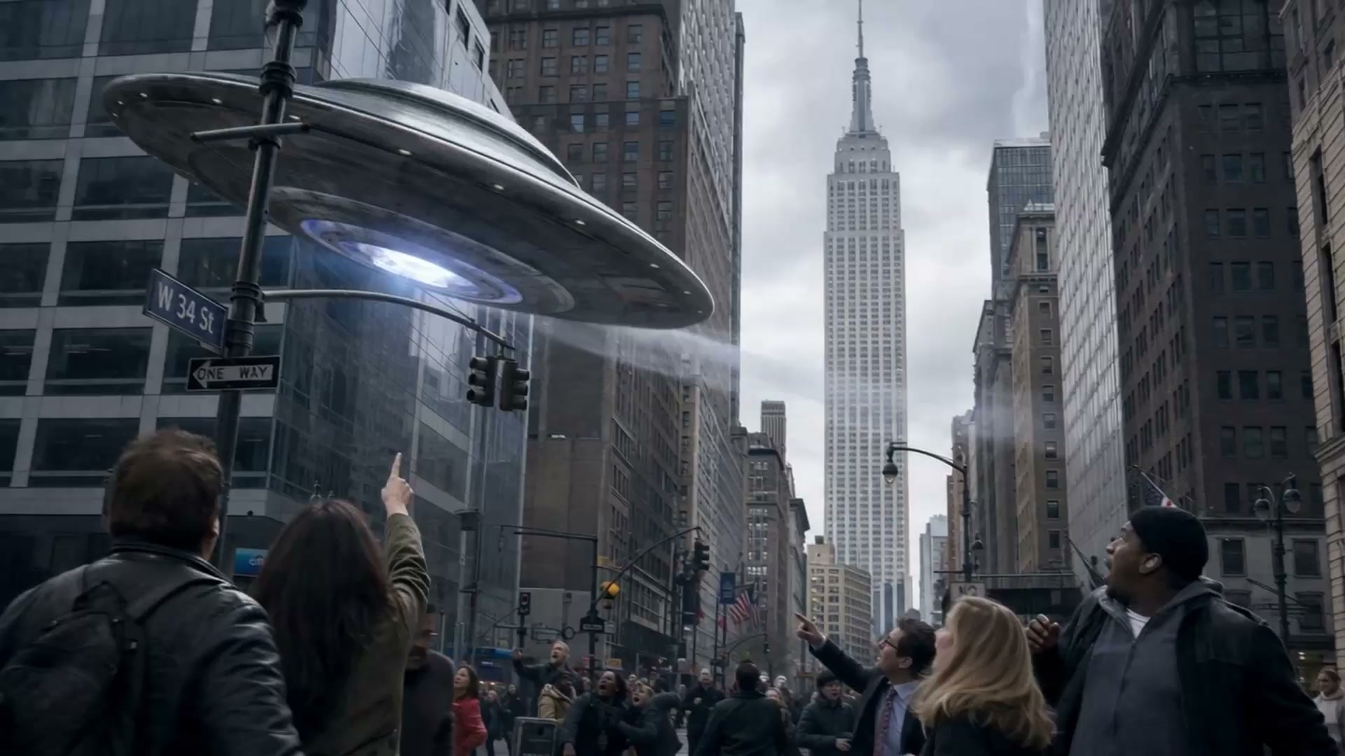 Flying saucer/UFO hovering above a crowded New York City street near the Empire State Building.