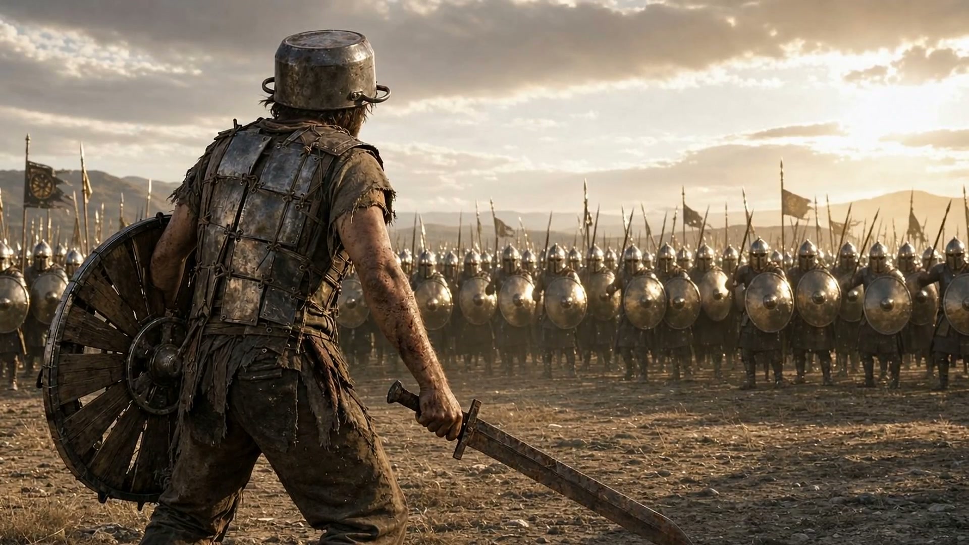 Warrior in battered armor faces a line of shielded soldiers at sunset on a dusty battlefield.