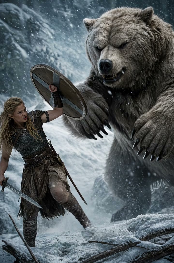 Warrior woman shield-bashing a roaring bear in a snowy, stormy battlefield.