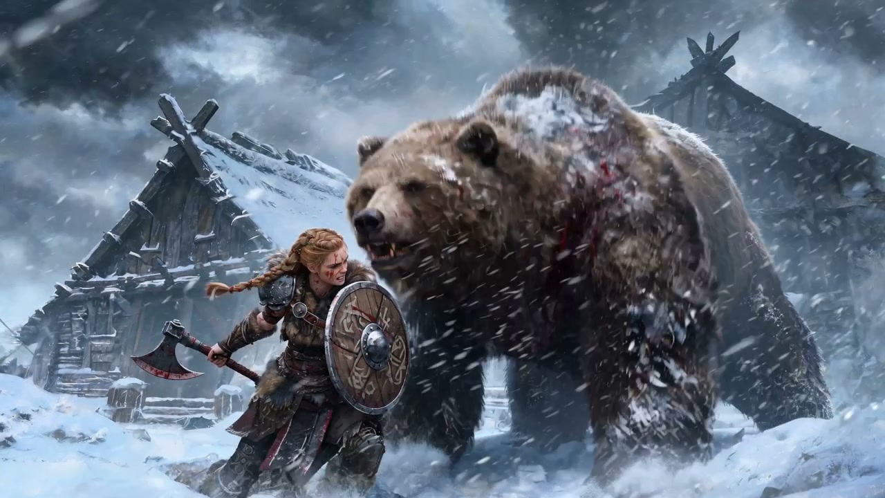 A female warrior with shield and axe confronts a colossal bear in a snowy, ruined village.