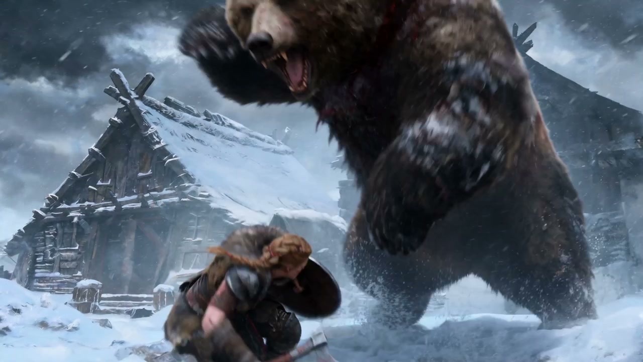 A colossal bear charges a cloaked hunter in a snowy, medieval village with a log cabin in the bac...