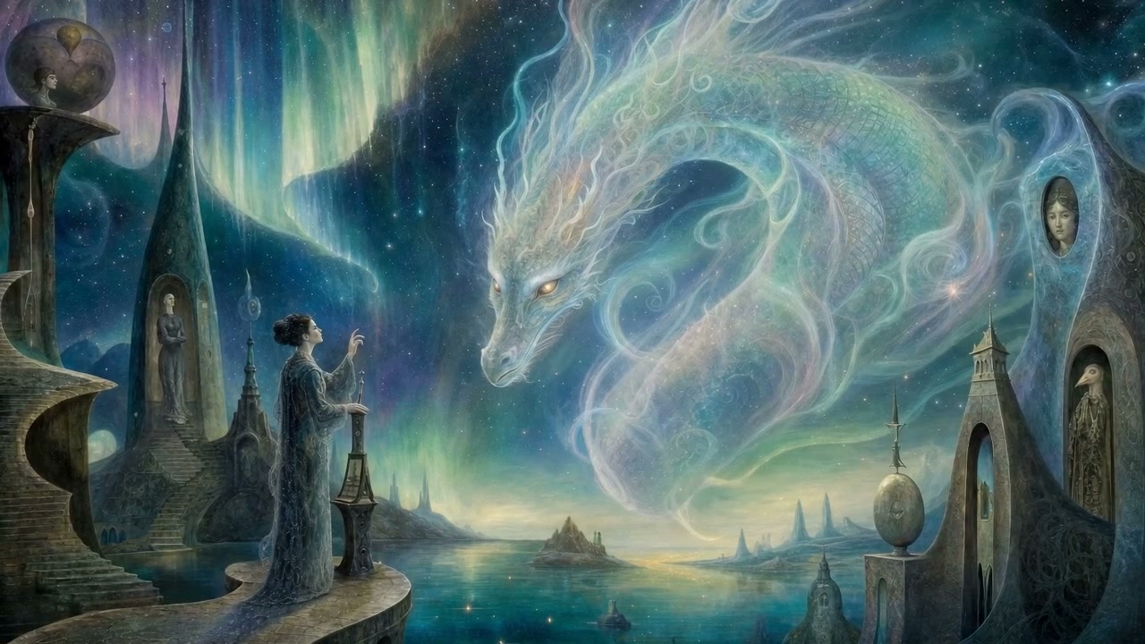 Dreamlike blue dragon soars over a mystical city with spires and an aurora-lit sky.