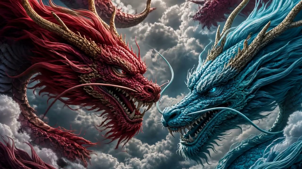 Two detailed dragon heads, red and blue, nose-to-nose in a dramatic cloud-filled sky.