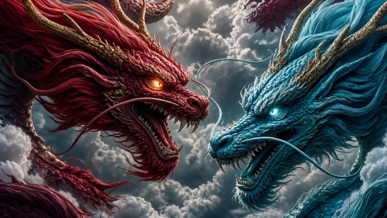 Two fierce red and blue dragons face off in a dramatic cloudy sky.