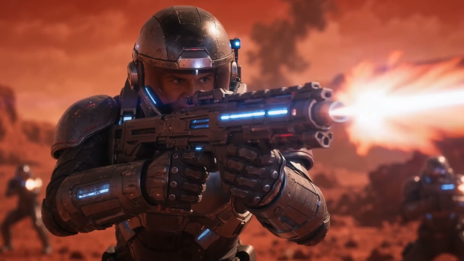 "Futuristic sci-fi soldier fires a glowing energy rifle on a dusty red alien battlefield, with sq...