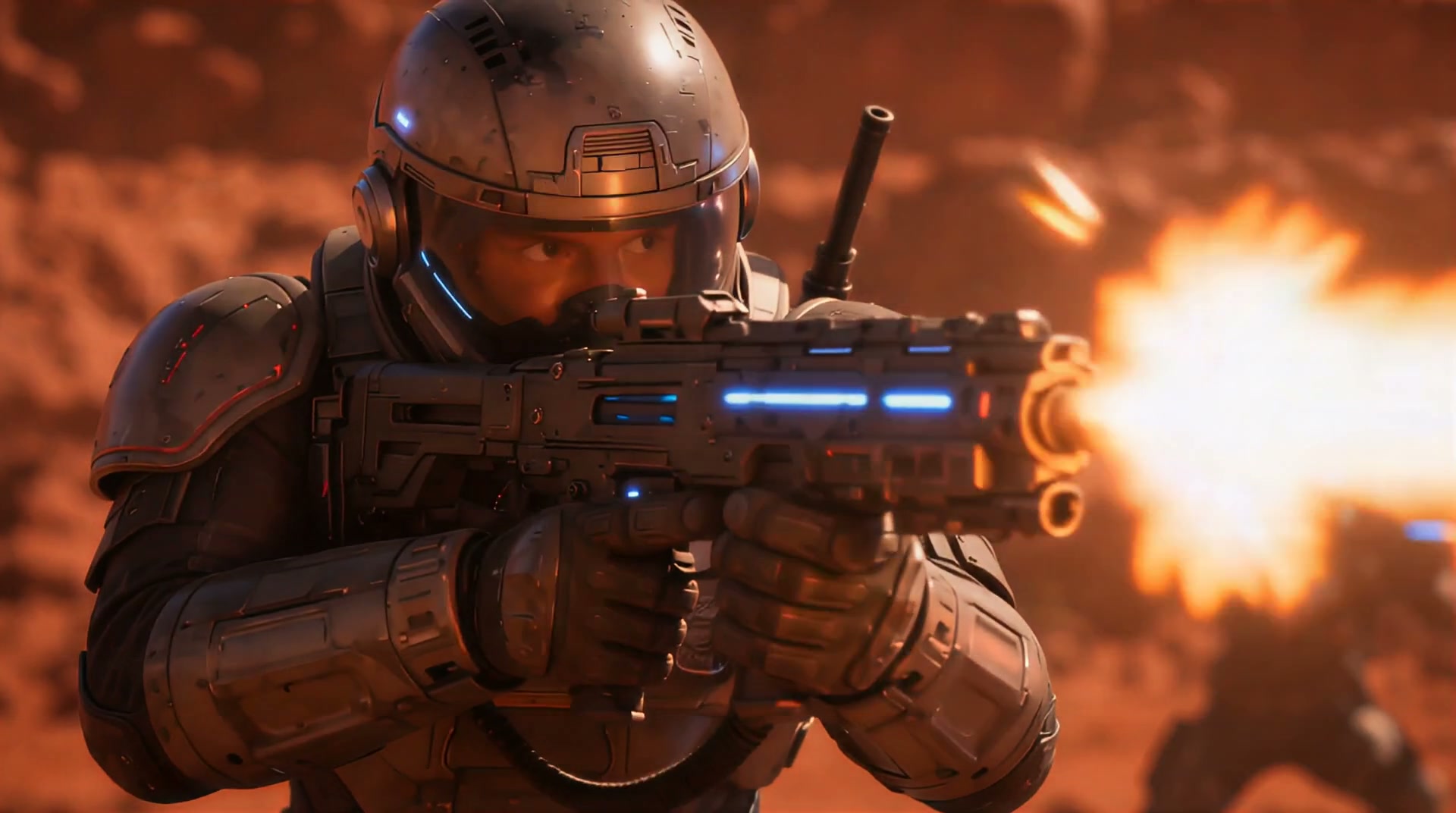 Futuristic space marine in tactical armor fires a glowing plasma rifle on a rust-red alien planet...