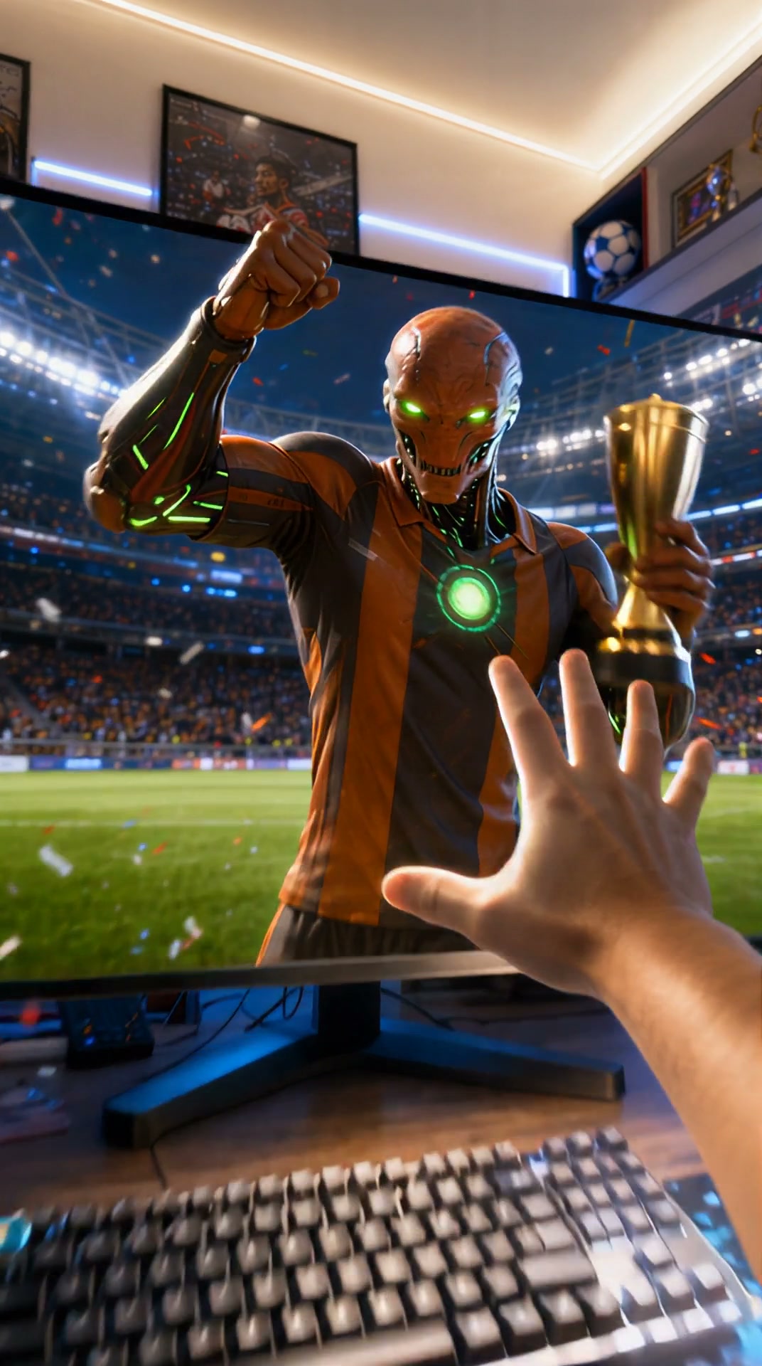 Gamer’s hand reaches toward a cyborg soccer champion holding a trophy on a PC monitor in a modern...