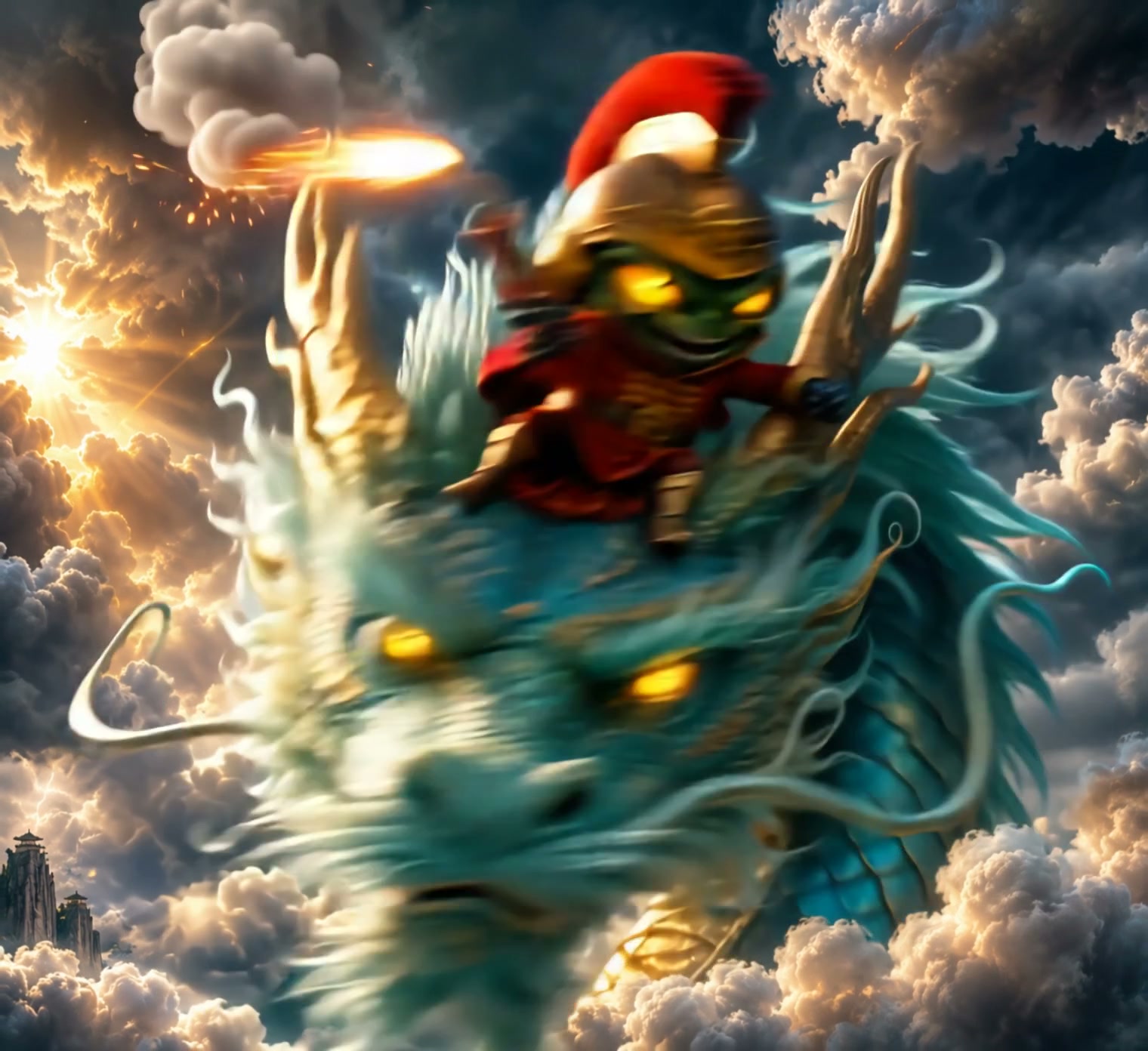 League of Legends' armored Teemo rides a speeding teal eastern dragon through sunlit clouds, laun...