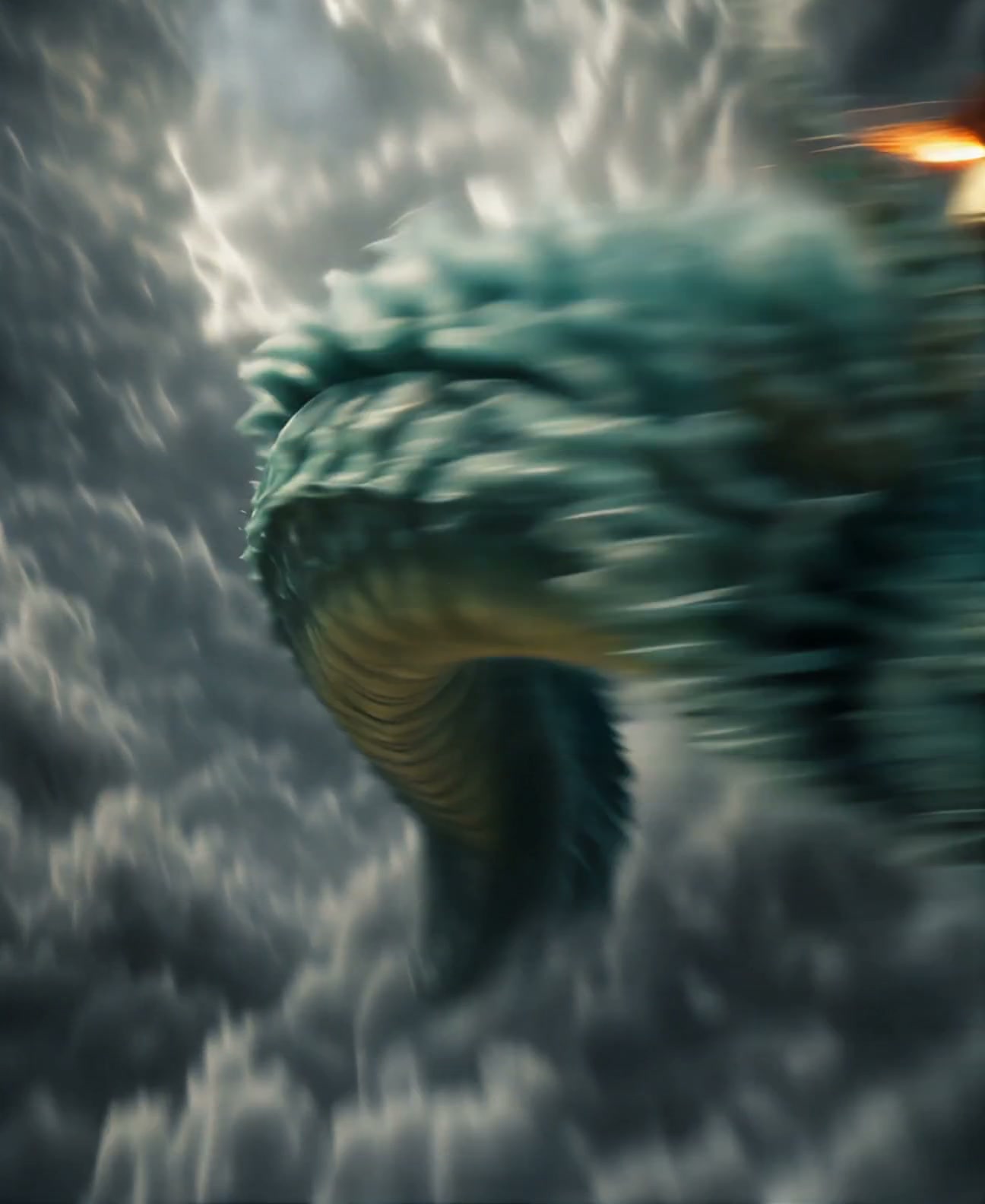 "Massive teal leviathan sea serpent speeds through stormy dark clouds, motion blur emphasizing it...