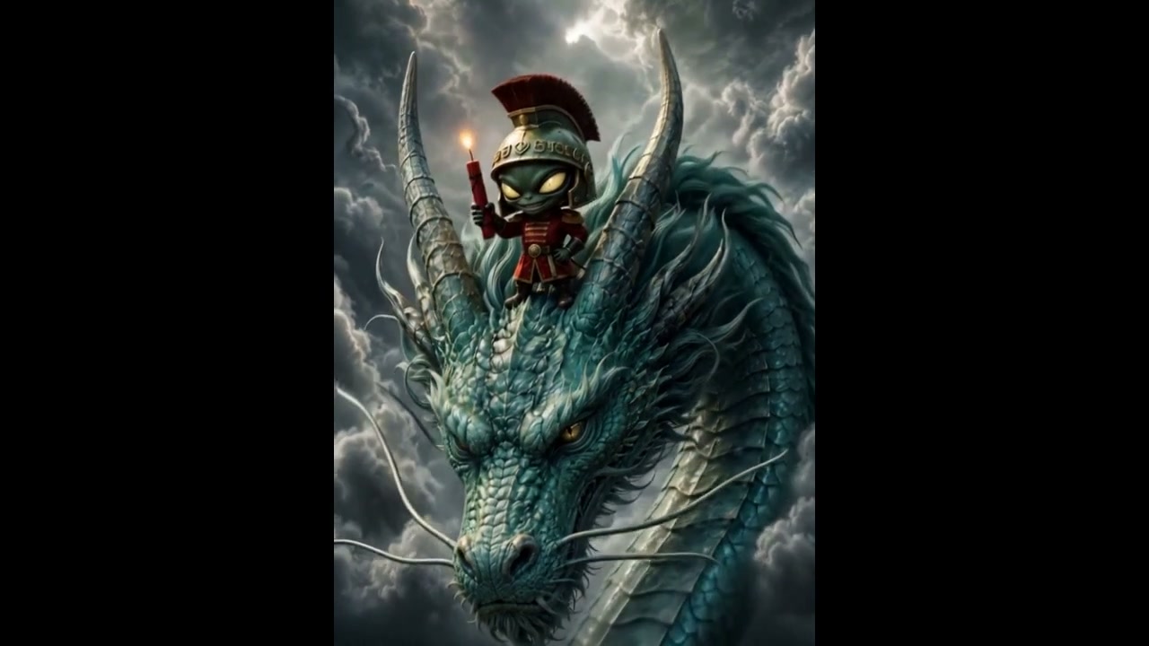 Tiny green alien in a Roman centurion uniform holding a lit firecracker, perched on a giant teal ...