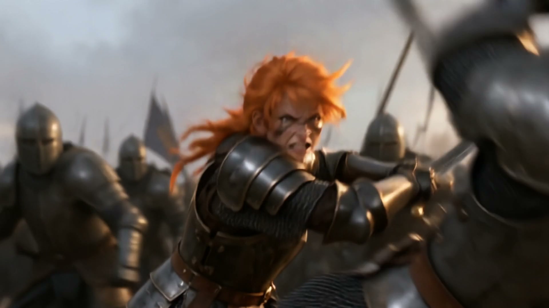 Fierce orange-haired female knight in steel armor swings a sword mid-combat on a chaotic medieval...