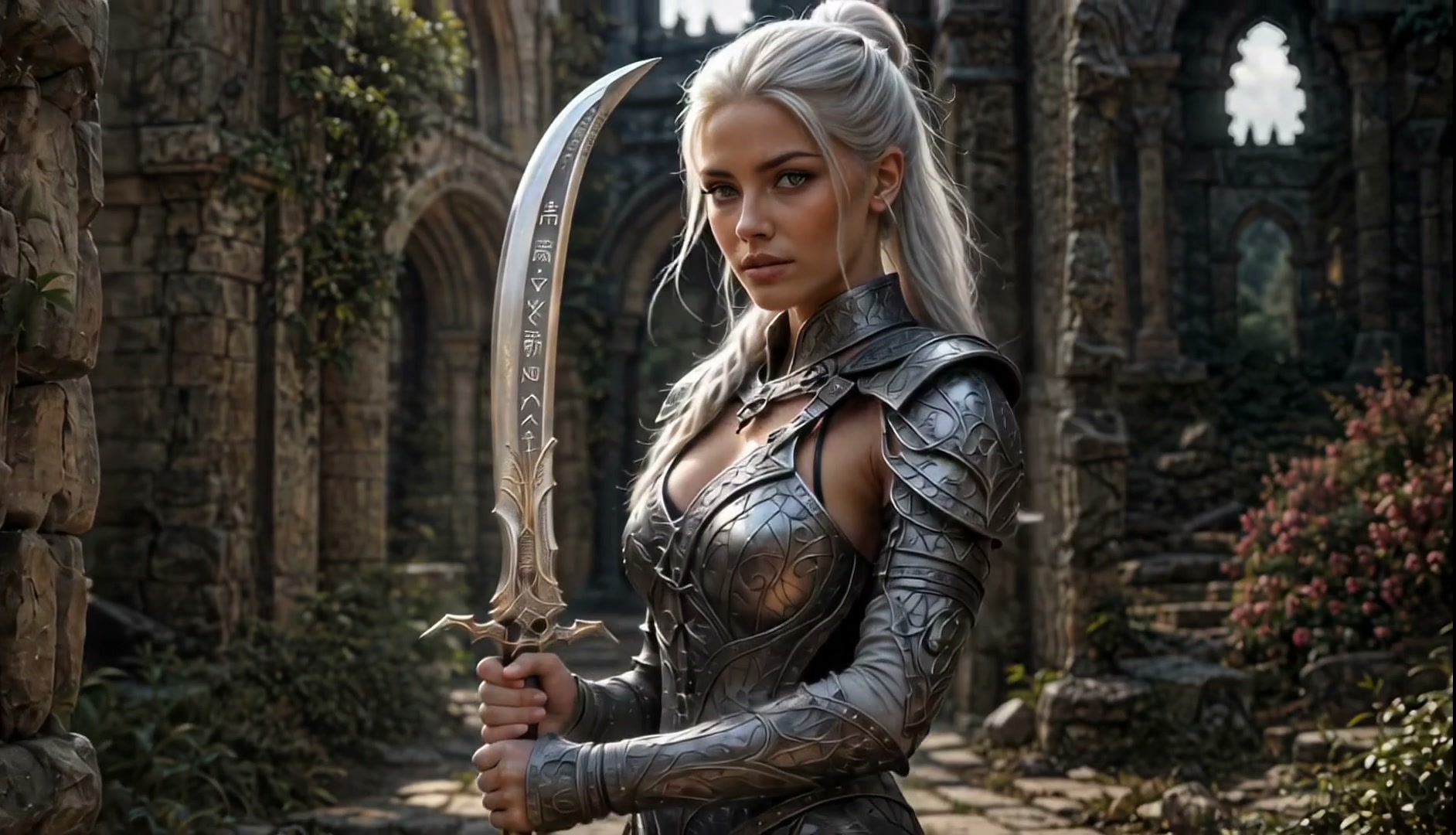 Stoic silver-haired elven warrior in ornate plate armor holds a rune-etched curved sword in overg...