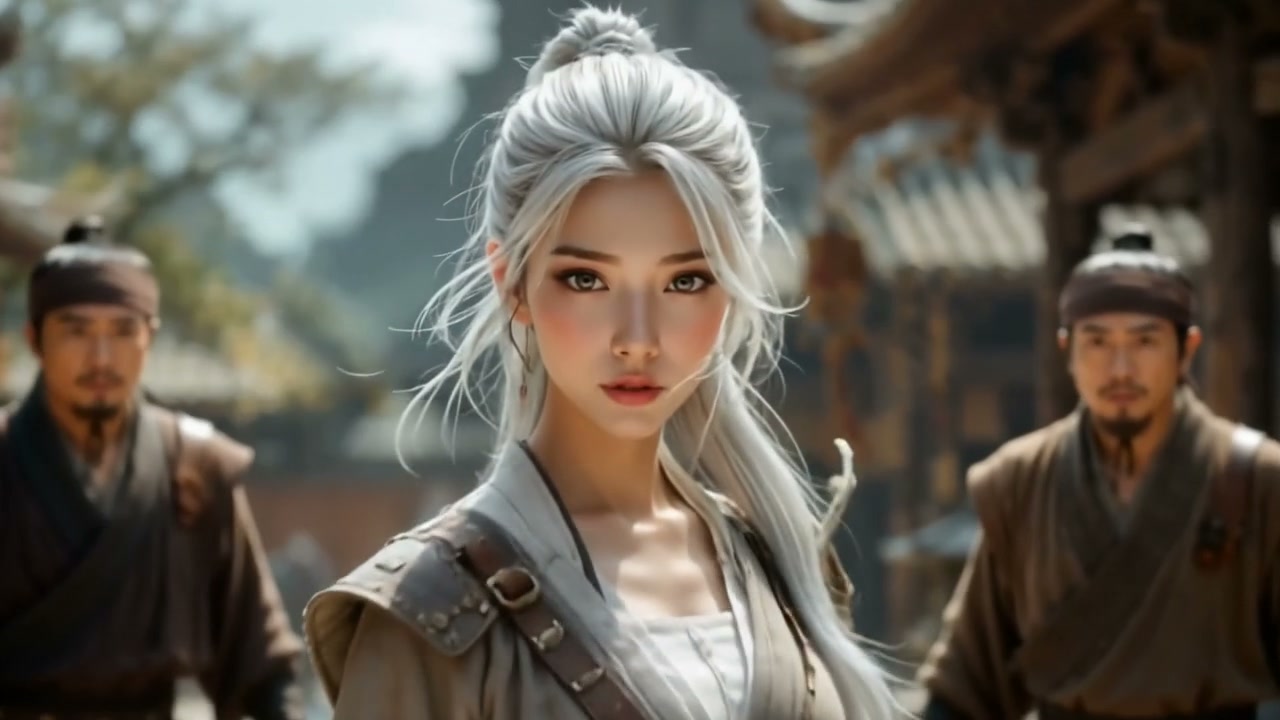 Close-up portrait of a silver-haired wuxia female warrior flanked by guards in an ancient East As...
