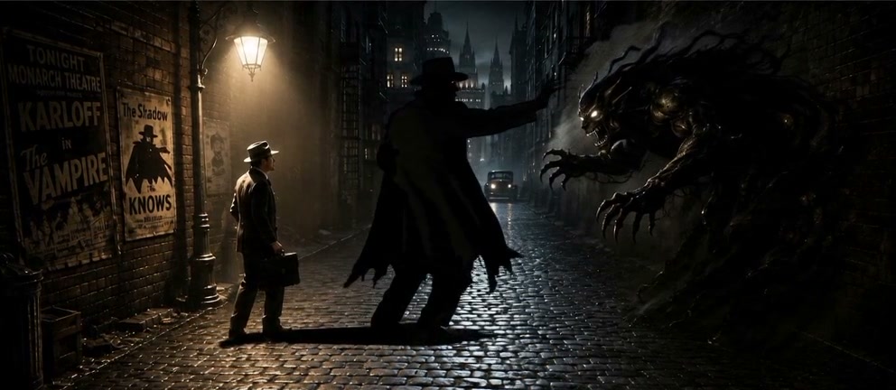 Neo-noir scene: silhouetted vigilante confronts a glowing-eyed demon in a wet 1930s cobblestone a...