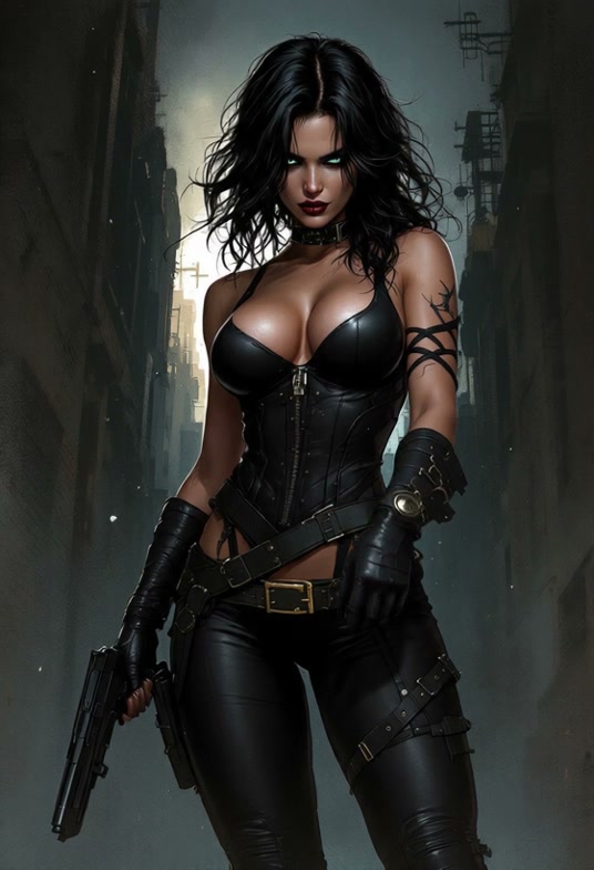 Fierce cyberpunk female assassin in black tactical leather holds a handgun, standing in a foggy d...
