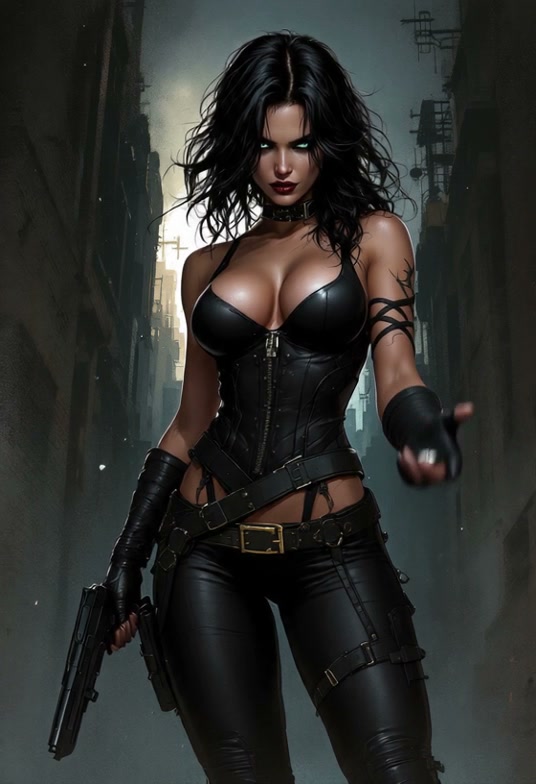 Fierce cyberpunk female assassin with glowing eyes holds a handgun in a misty industrial city alley