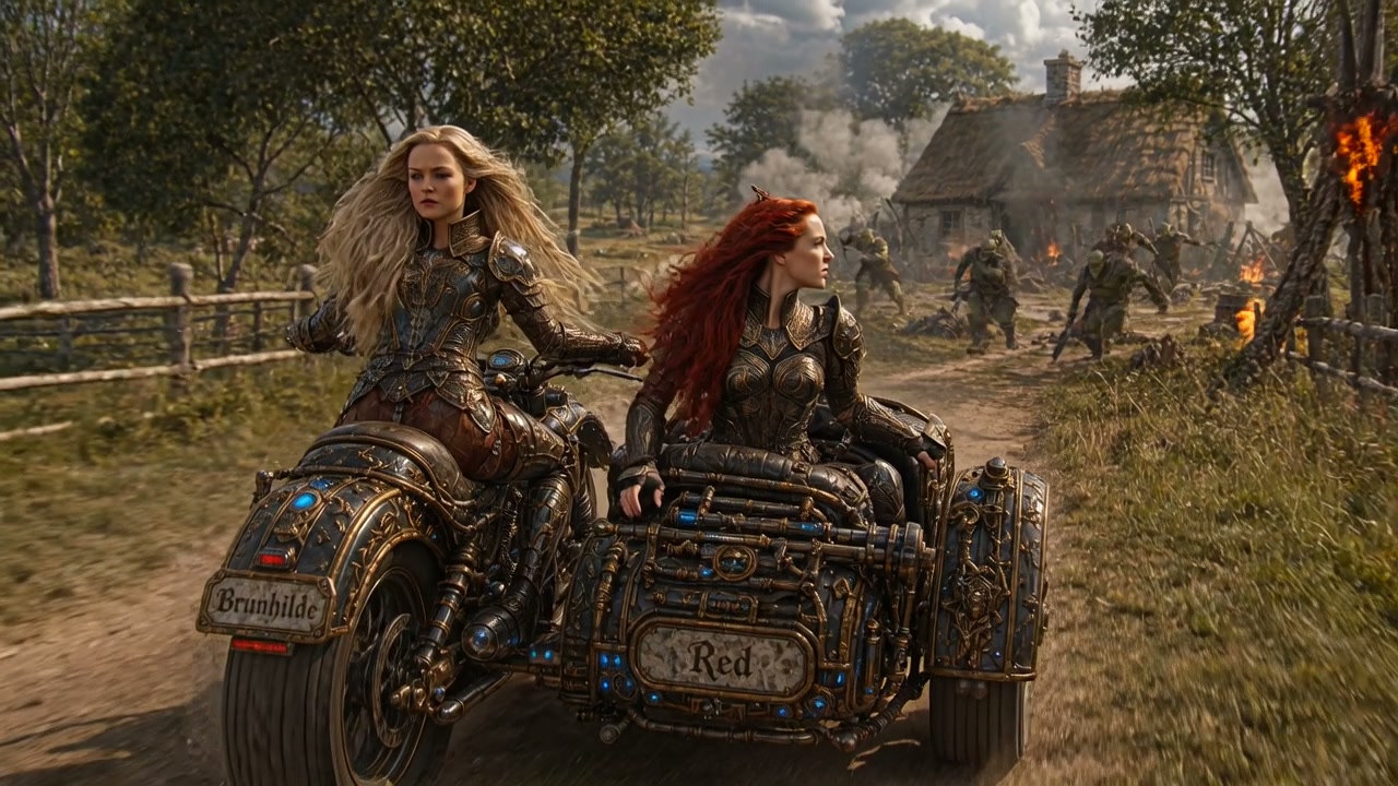 Two armored fantasy warrior women ride an ornate steampunk sidecar motorcycle away from a burning...