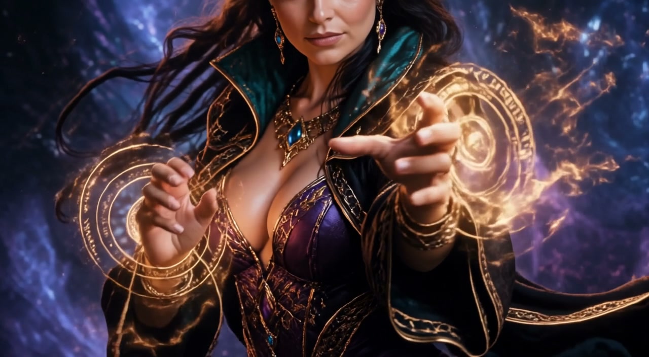 Powerful female fantasy sorceress casting glowing golden runic magic from outstretched hands agai...